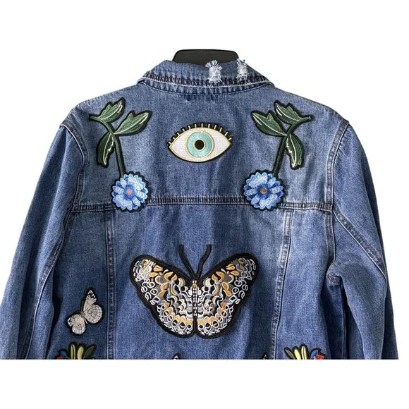 Arrive Denim Jacket Patches Distressed XL Boho Hippie Unique Fall - Picture 6 of 9
